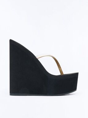 IN SEARCH OF Fashion Nova Black Suede Wedge Sandal with Gold Thong Strap